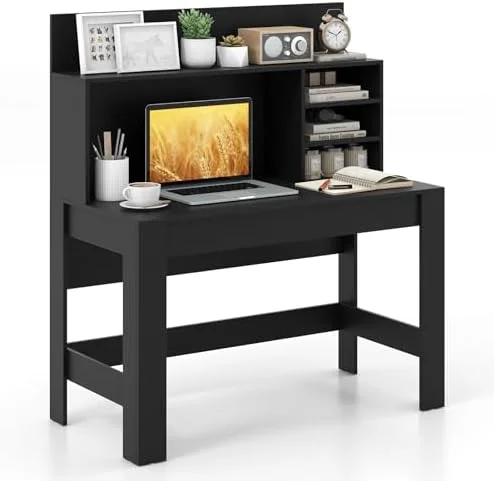 TJUNBOLIFE Computer Desk with Bookshelf 48″ Home Office Writing Desk with Anti-Tipping Kits & Cable Management Hole Modern Study Table Workstation for Small Space Bedroom (Black
