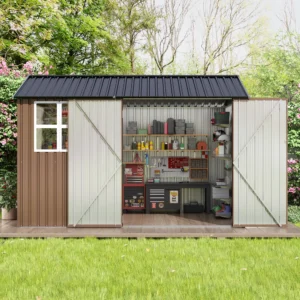 JAXPETY 10 x 10 ft Outdoor Metal Storage Shed with Window & Lockable Door – Brown