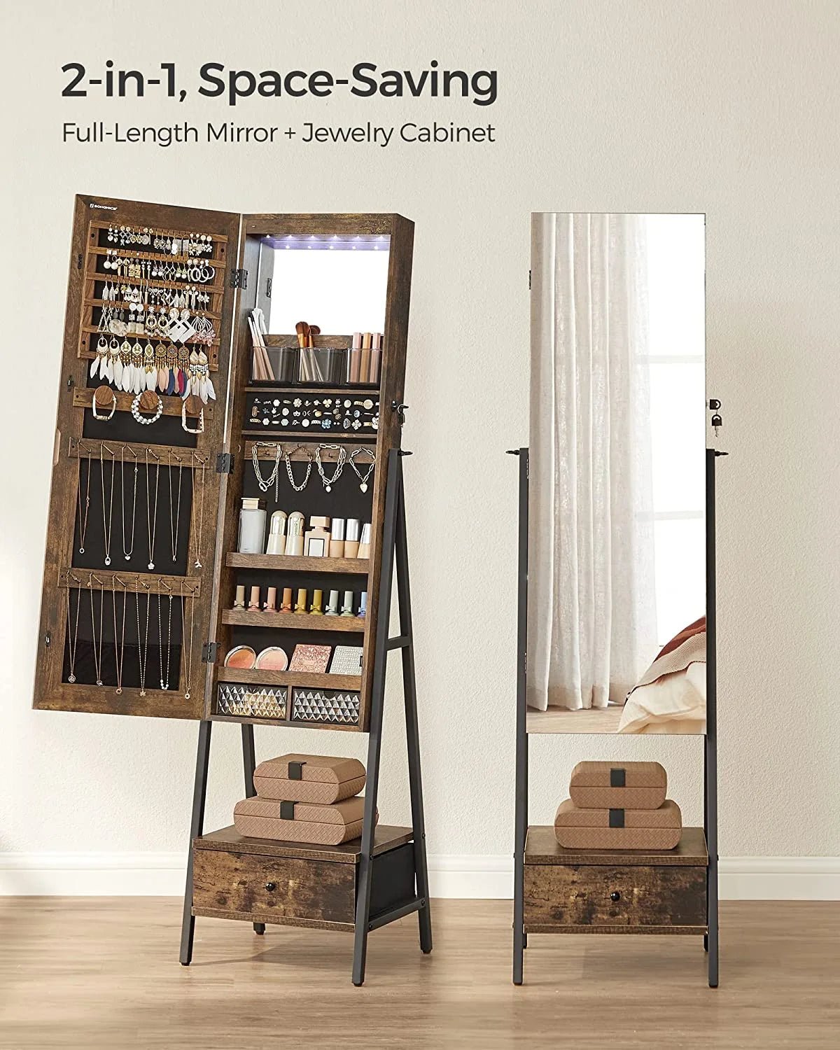 SONGMICS LED Jewelry Cabinet Standing Lockable Jewelry Armoire with Full-Length Mirror Space-Saving Jewelry Organizer Box with Mirror Bottom Drawer and Shelf Gift Idea Rustic Brown - Image 4