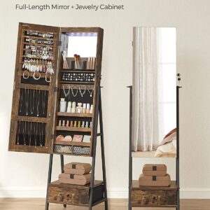 SONGMICS LED Jewelry Cabinet Standing Lockable Jewelry Armoire with Full-Length Mirror Space-Saving Jewelry Organizer Box with Mirror Bottom Drawer and Shelf Gift Idea Rustic Brown