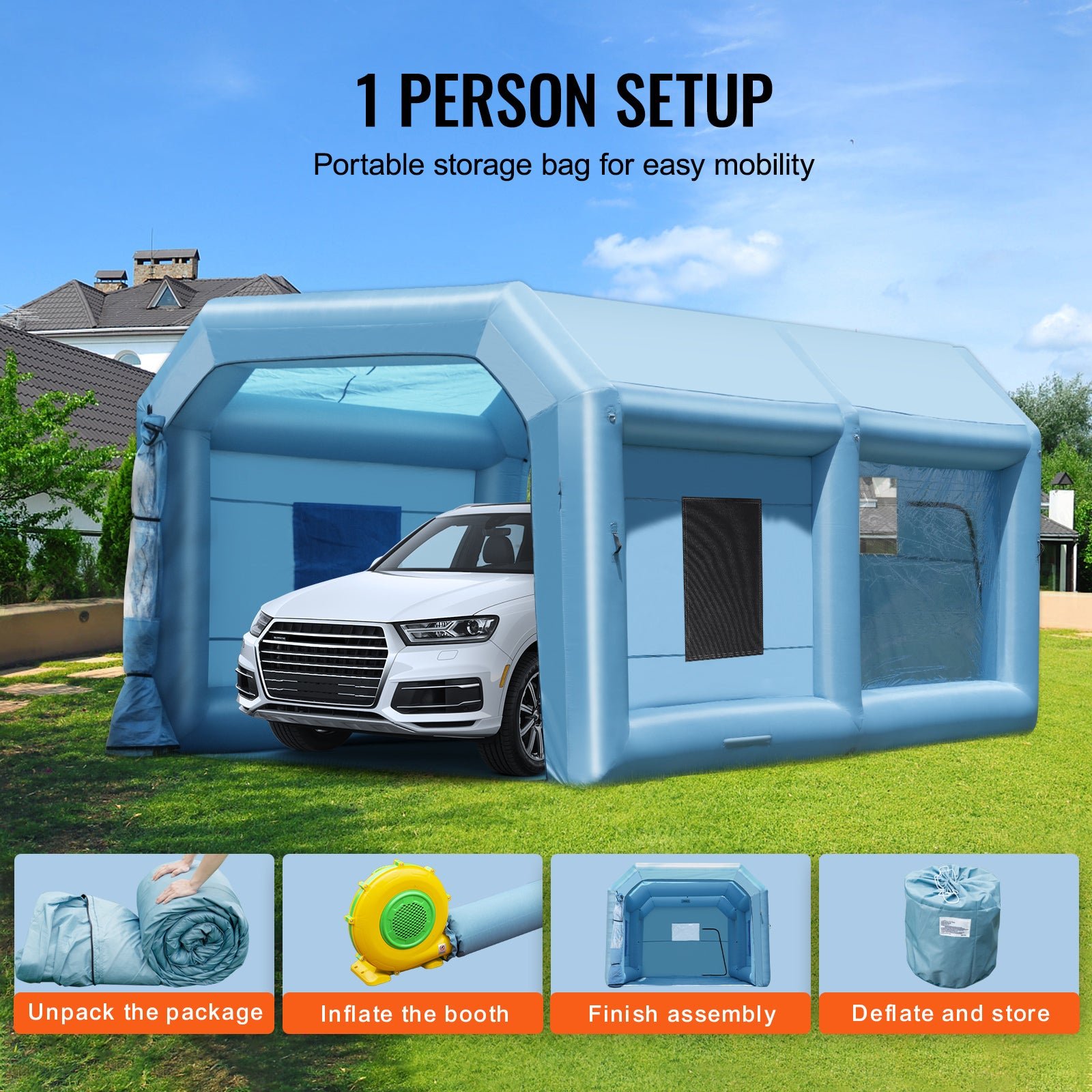 SKYSHALO Portable Spray Shelter, 21×13.5×9.8 ft, Includes 1100W Blower & Filtration System, Ideal for Mid-Size Vehicles & Bulky Furniture - Image 2