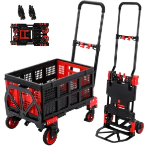 LAZY BUDDY 2-in-1 Folding Hand Truck Dolly with 22″ Folding Basket – Heavy-Duty Collapsible Platform Cart, 330 lbs Capacity (Red)