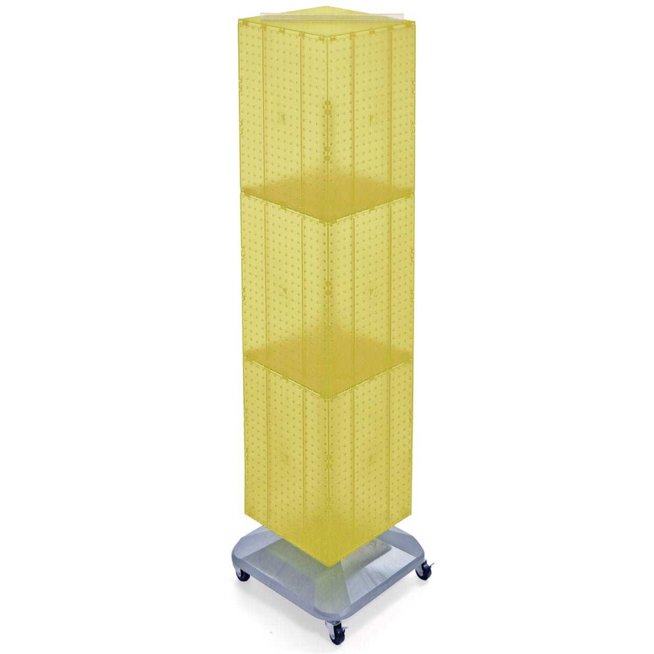 Azar Displays 701465-YEL Yellow Four-Sided Pegboard Tower Floor Display on Revolving Wheeled Base. Spinner Rack Stand. Panel Size: 14″W x 60″H