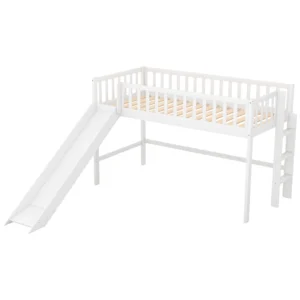 Low Loft Bed with Slide and Ladder, Twin Size, White – Fun Slide, Space-Saving Design, Perfect for Kids