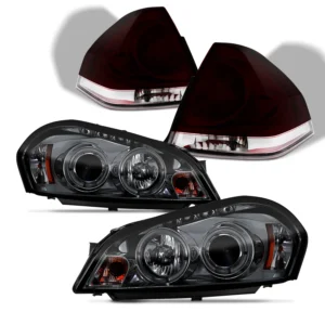 AKKON – For 2006-2013 Chevy Impala / Limited LED Dual Halo DRL Projector Headlights + Red Tail Lamps [Smoke Len Housing]