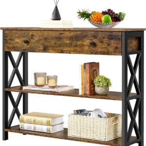 Console Table with Drawer, Entryway Table with 3 Tier Storage Shelves, Narrow Long Sofa Table for Entryway, Living Room, Hallway, Couch, Kitchen, Metal Frame, Brown