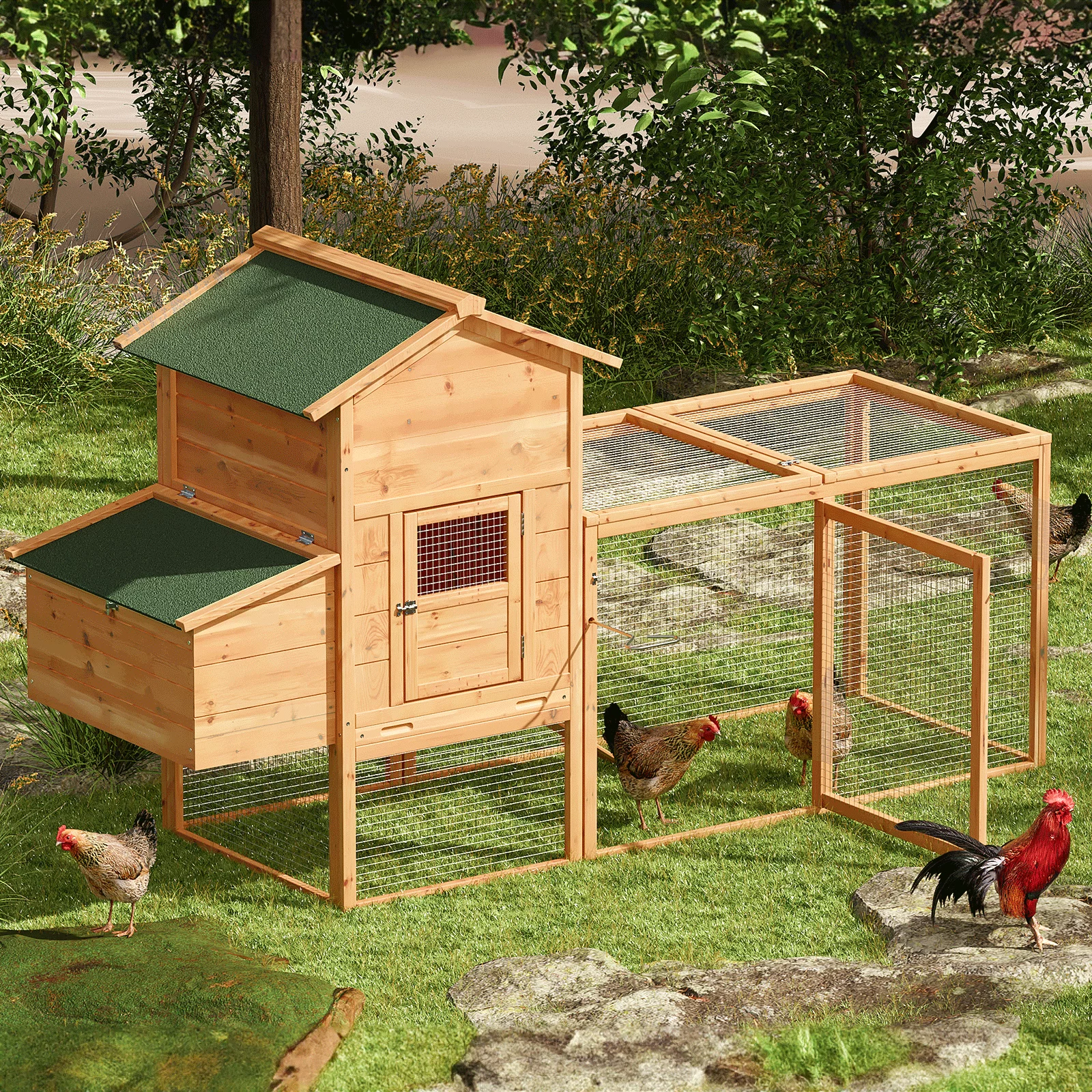 Magshion 80-Inch Wooden Chicken Coop with Nesting Box, Outdoor Rabbit Hutch & Poultry House with Run, Slide-Out Tray & Waterproof Roof, Natural