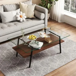 HBBOOMLIFE Glass Coffee Table – Mid Century 2-Tier Rectangle Accent Table (Brown Glass / Coffee Brown)