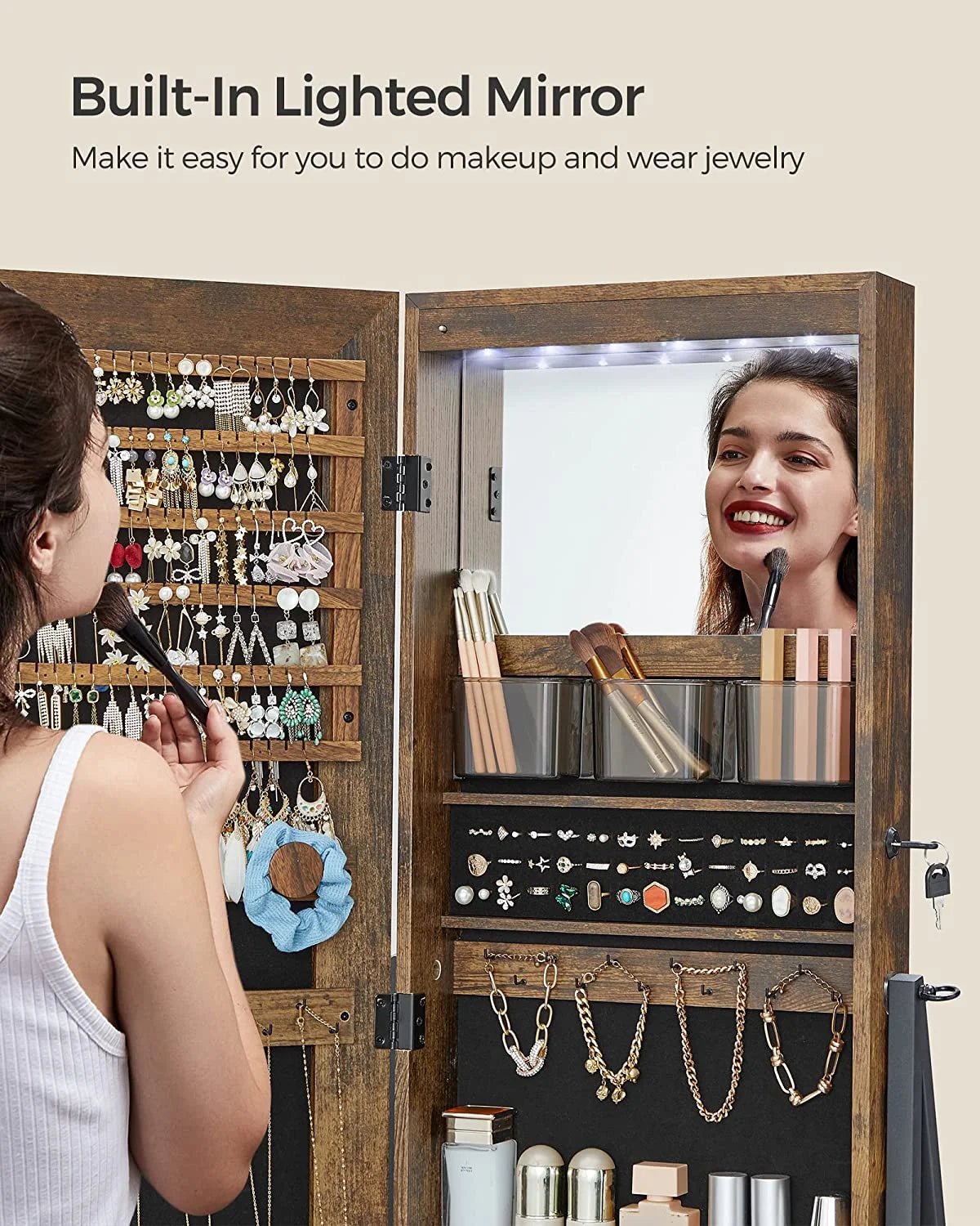 SONGMICS LED Jewelry Cabinet Standing Lockable Jewelry Armoire with Full-Length Mirror Space-Saving Jewelry Organizer Box with Mirror Bottom Drawer and Shelf Gift Idea Rustic Brown - Image 3