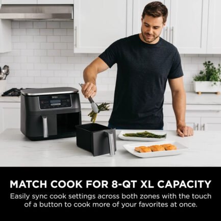 2 INDEPENDENT BASKETS: The original Air Fryer with 2 independent baskets, the XL air fryer lets you cook 2 foods, 2 ways, at the same time, eliminating back-to-back cooking like a traditional single-basket air fryer. SMART FINISH & MATCH COOK: DualZone Technology allows you to choose between the Smart Finish feature, which unlocks cooking 2 foods 2 ways that finish at the same time, and the and a Match Cook button to easily copy settings across zones for full 8-qt capacity. 6-IN-1 FUNCTIONALITY: Includes 6 versatile cooking programs: Air Fry, Air Broil, Roast, Bake, Reheat, and Dehydrate. The baskets can be washed in the dishwasher or by hand. XL CAPACITY: The 8-quart air fryer capacity lets you fit mains and sides at the same time for making quick family meals, or up to 4 lbs. of French fries or chicken wings. SEPARATE HEATING ZONES: 2 independent 4-quart zones have their own cooking baskets, cyclonic fans, and rapid heaters. EASY CLEANING: Easy-to-clean baskets and dishwasher-safe crisper plates. LESS FAT: Up to 75% less fat than traditional air frying methods. Tested against hand-cut, deep-fried French fries. - Image 2