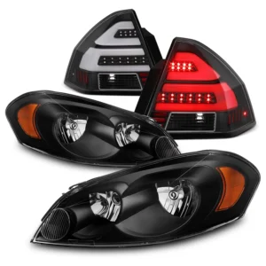 AKKON – Fits 2006-2013 Chevy Impala 2014-2016 Impala Limited Black Headlights + LED [Tube Bar] Black Tail Light Combo Pair
