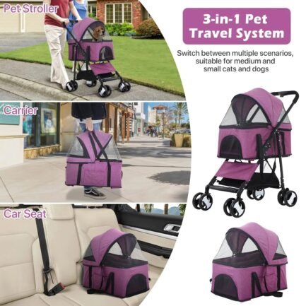 NiamVelo Pet Stroller 3-in-1 Detachable Dog Stroller with 4 Wheels Foldable Dog Travel Cart Cat Walker for Doggy Rabbit, Purple - Image 5