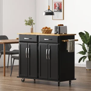 Soges 41.5″ Kitchen Island Rolling Island Cart with Hidden Cabinet, Adjustable Shelves, and Towel Rails, Black