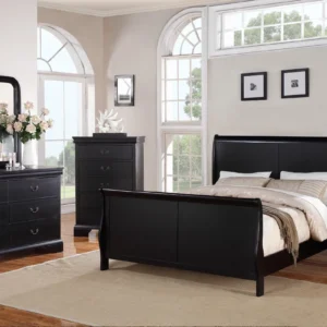 Gorgeous Black 3-Piece Louis Philippe Style California King Sleigh Bed with 2 Nightstands – Wooden Bedroom Furniture Set