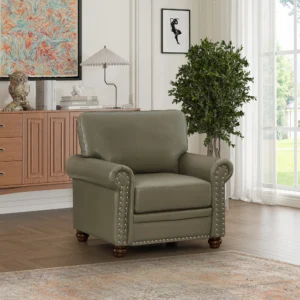 Living Room Single Sofa Chair – Grey Faux Leather Armchair with Wooden Legs, Modern Accent Seating