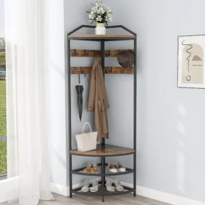 HBROLJF Corner Hall Tree with Shoe Bench – Entryway Coat Rack with 10 Metal Movable Hooks (Rustic Brown)