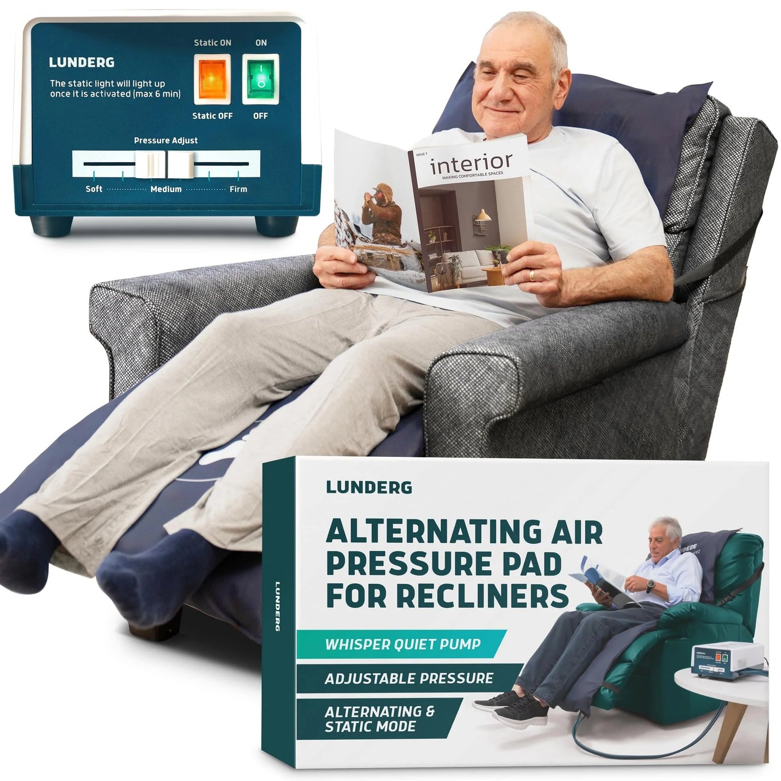 Lunderg Alternating Air Pressure Pad for Recliner Chair – Pressure Relief Cushion Topper for Recliner – Bed Sore Prevention – Includes Medical Grade Mattress Pad, Cover & Quiet Pump – Home or Hospital