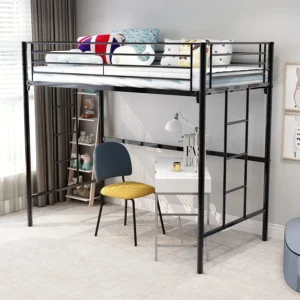 Metal Twin Loft Bed for Kids with Ladder & Safety Guard Rails – Space-Saving Heavy-Duty Frame, No Box Spring Needed, Black
