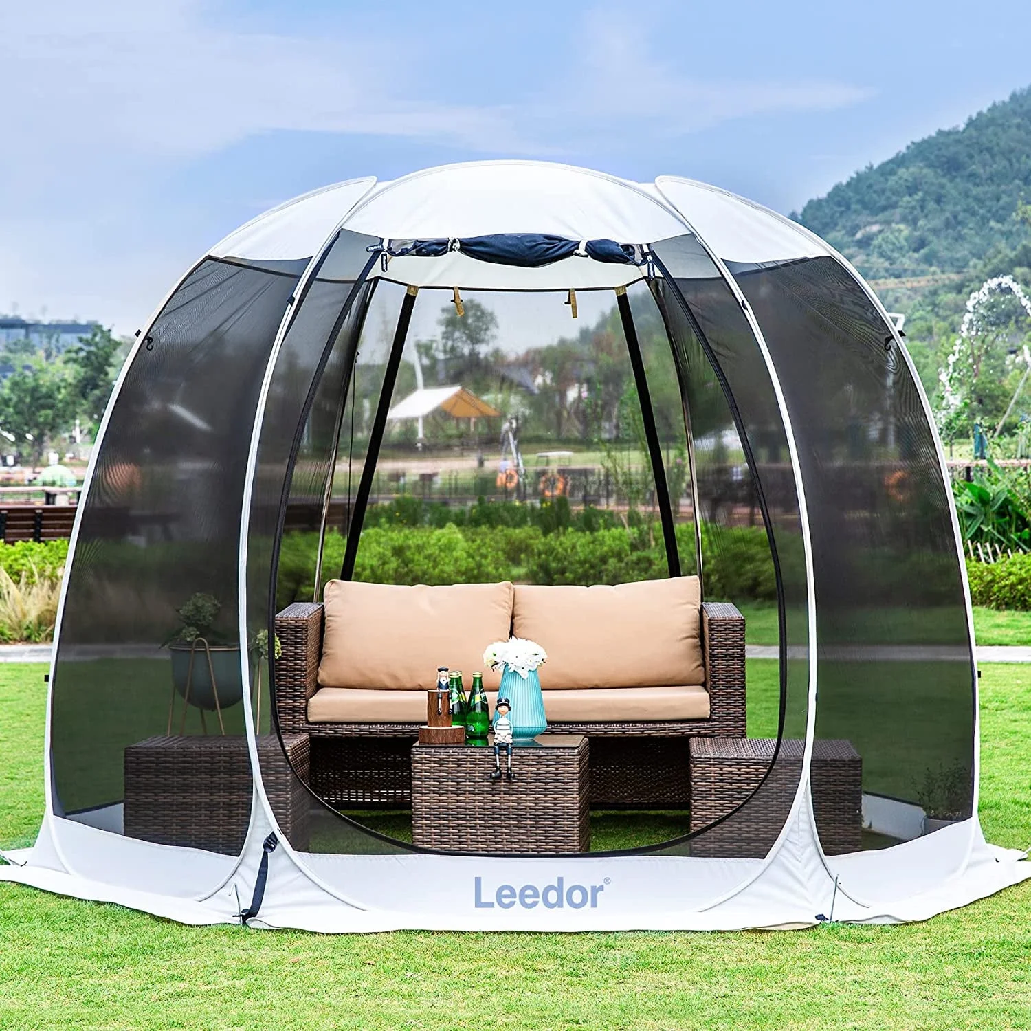 Leedor 10’x10’ Screen House Tent Instant Pop-Up Outdoor Gazebo Shelter – Gray Patio Canopy Room