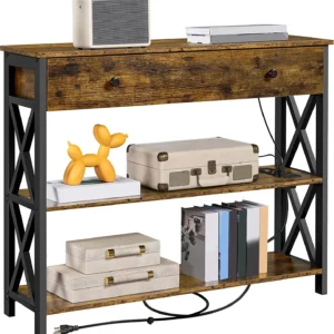 Console Table with Drawer, Entryway Table with 3 Tier Storage Shelves, Narrow Long Sofa Table for Entryway, Living Room, Hallway, Couch, Kitchen, Metal Frame, Rustic ftp