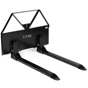 Titan Attachments Pin-On Pallet Fork Frame Attachment, 46″ Hefty Fork Blades with Hitch Ball Hole, Chain Buckle Retainer, Universal Skid Steer Quick Tach Mounting System, 2600 LB Load Capacity