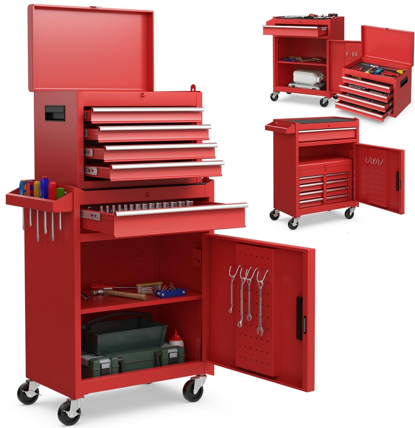 Goplus Tool Chest, 5-Drawer Rolling Tool Storage Cabinet with Detachable Top Tool Box, Liner, Universal Lockable Wheels, Adjustable Shelf, Locking Mechanism, Metal Tool Cart for Garage Workshop - Image 4