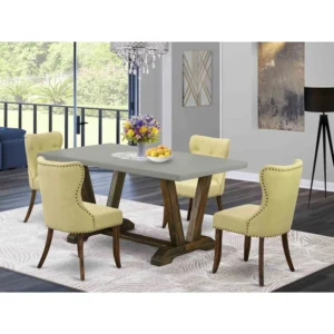 HomeStock Baroque Bonanza 5-Piece Dinette Set – Parson Chairs with Linen Seats & Rectangular Dining Table (Cement & Distressed Jacobean Finish)