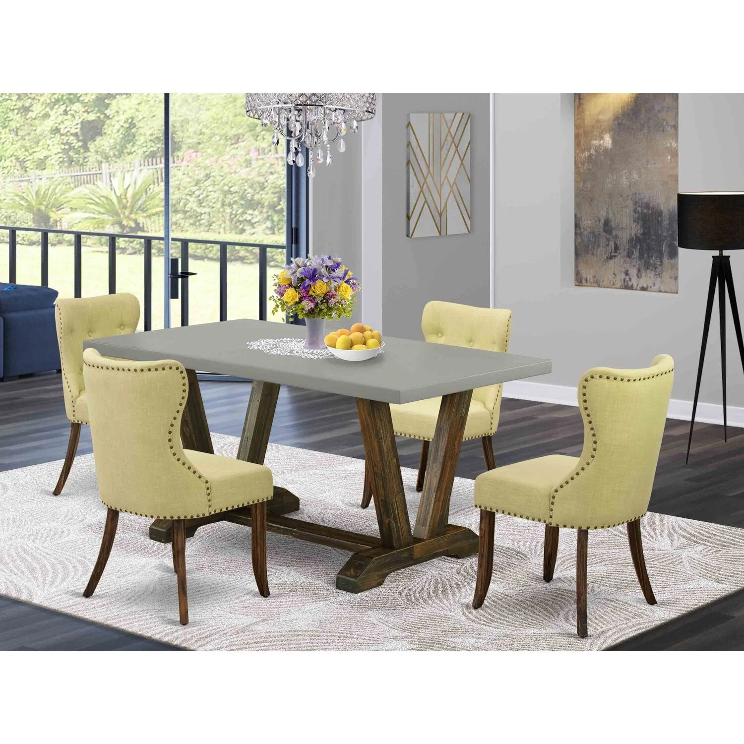 HomeStock Baroque Bonanza 5-Piece Dinette Set – Parson Chairs with Linen Seats & Rectangular Dining Table (Cement & Distressed Jacobean Finish)