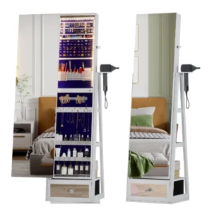 LVSOMT 360° Swivel Jewelry Cabinet with LED Lights – Lockable Standing Jewelry Armoire with Full-Length Mirror & Storage, White