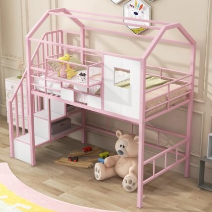 Pink Twin Metal Loft Bed with Unique Roof Design and Convenient Storage Box for Kids‘ Bedroom. Add Charm and Style to Your Child‘s Room with this Space-saving and Chic Furniture Piece. - Image 2