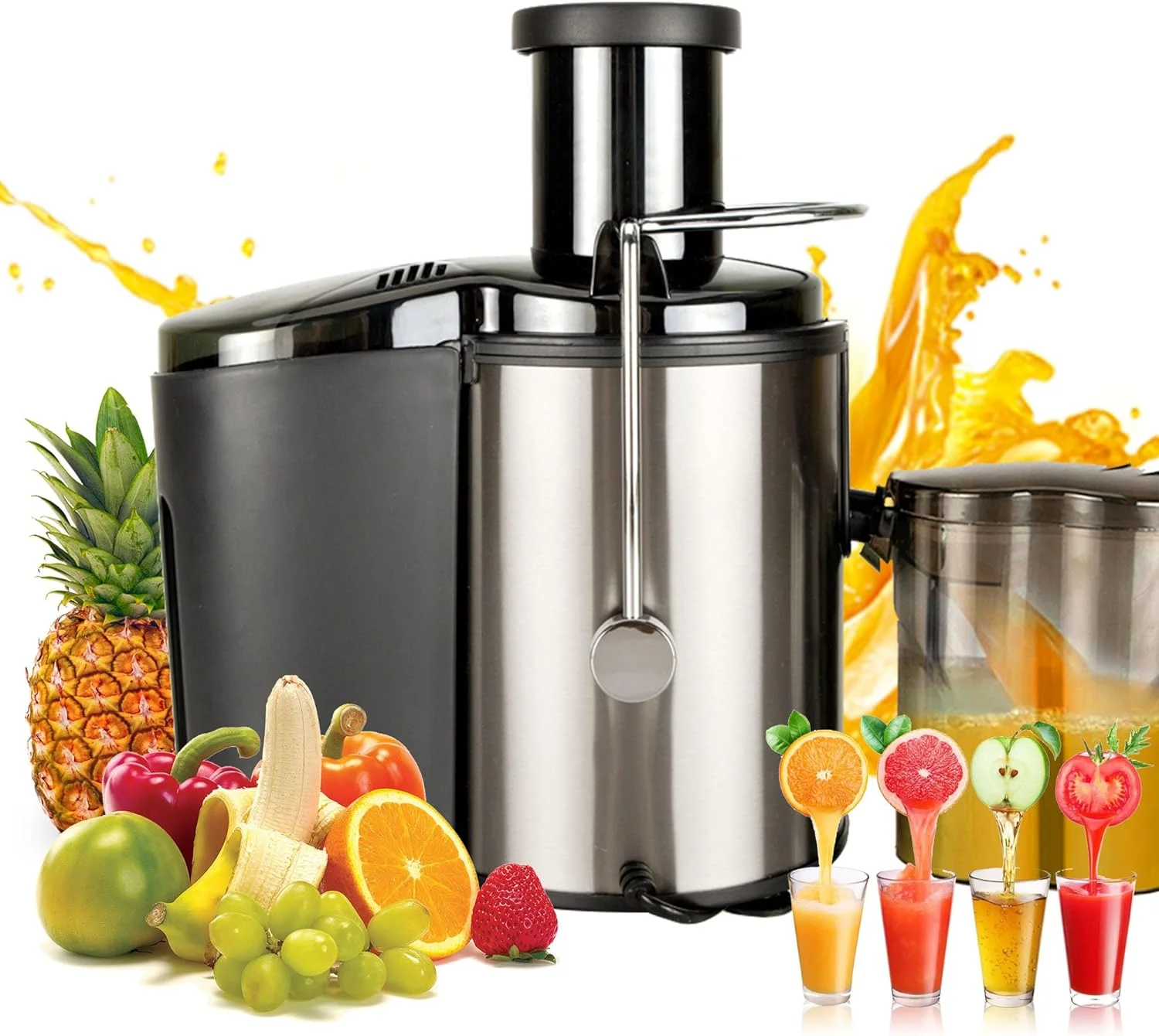 800W Electric Juicer Machine with 3-Speed Control, High Yield Juice Extractor for Whole Fruits & Vegetables, Stainless Steel, Easy to Clean