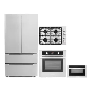 4 Piece Kitchen Package 30″ Gas Cooktop 24″ Single Electric Wall Oven 24″ Built-In Microwave Drawer & Energy Star French Door Refrigerator