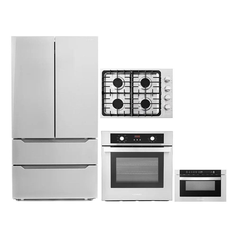 4 Piece Kitchen Package 30″ Gas Cooktop 24″ Single Electric Wall Oven 24″ Built-In Microwave Drawer & Energy Star French Door Refrigerator