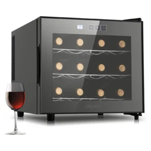 JINJUNYE 12-Bottle Wine Cooler Refrigerator – Countertop Mini Wine Fridge with Temperature Control & Glass Door