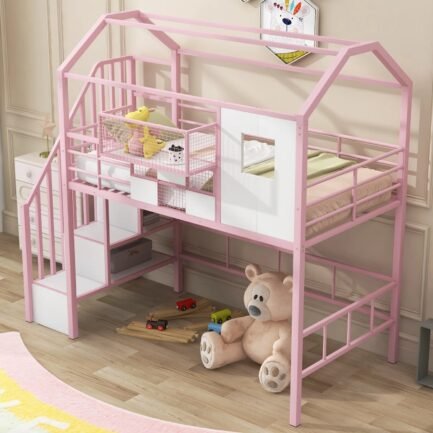 Pink Twin Metal Loft Bed with Unique Roof Design and Convenient Storage Box for Kids‘ Bedroom. Add Charm and Style to Your Child‘s Room with this Space-saving and Chic Furniture Piece. - Image 4