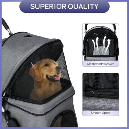 NiamVelo 4 Wheels Dog Stroller Foldable Pet Stroller Dog Cat Jogger Stroller Folding Lightweight Travel Stroller with Cup Holders& Storage Basket for Small Medium Dogs, Grey - Image 4