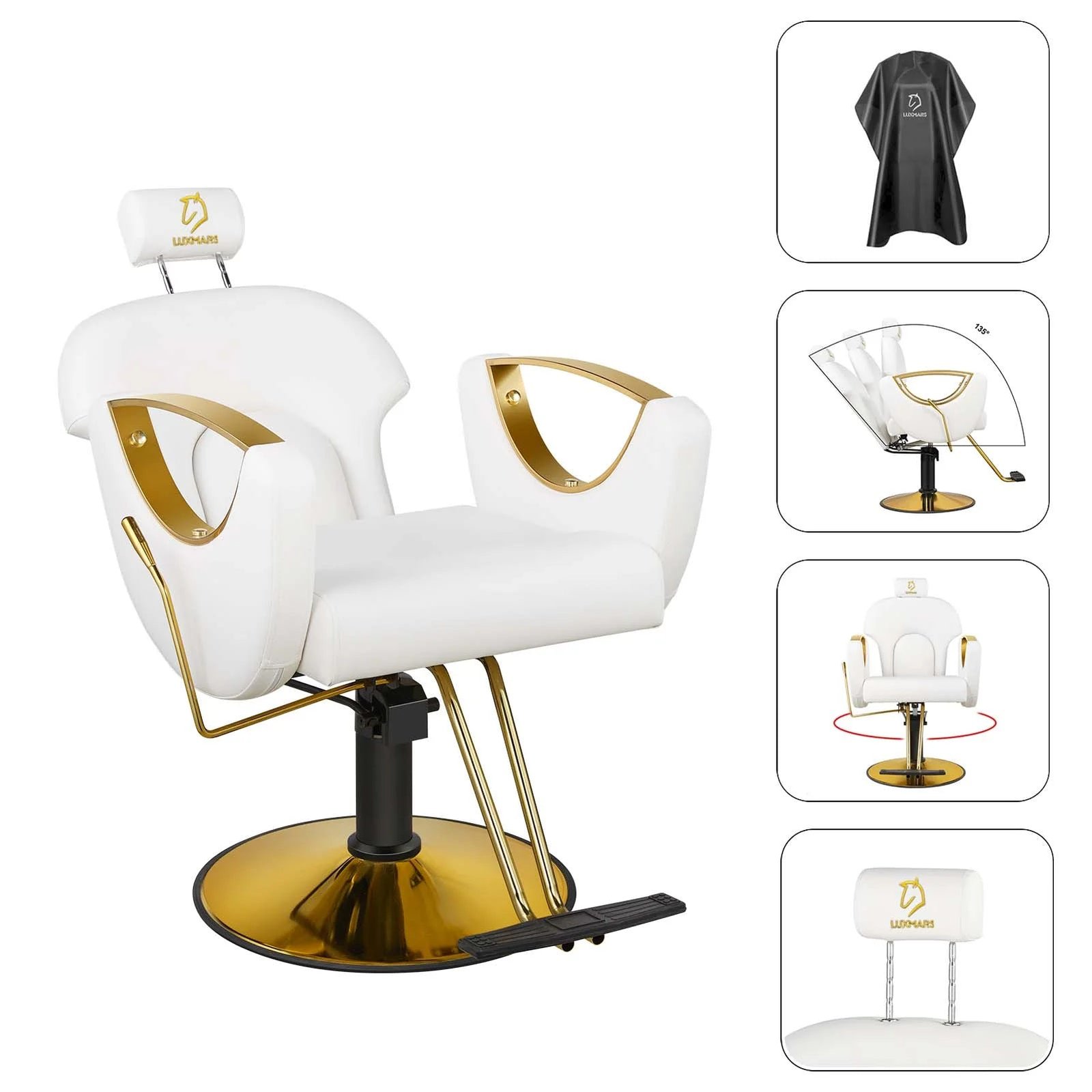LUXMARS Reclining Barber Chair Salon Chair Height Adjustable Hydraulic Chair Tattoo Chairs 360 Degrees Rolling Swivel Barber Chairs for Barbershop Hair Salon Spa Equipment – White