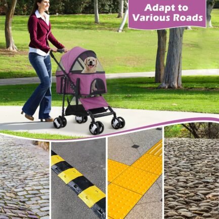 NiamVelo Pet Stroller 3-in-1 Detachable Dog Stroller with 4 Wheels Foldable Dog Travel Cart Cat Walker for Doggy Rabbit, Purple - Image 4