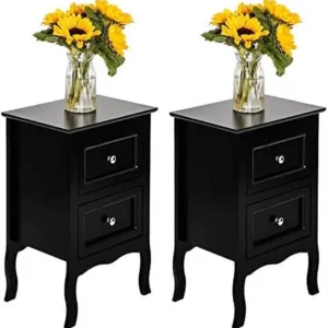 HBLUKDL Modern Wooden Night Table – Bedside End Table with 2 Drawers (Brown)