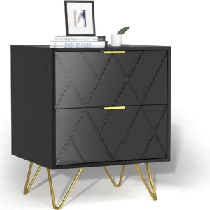 RSJIWOGZ Black Nightstand with 2 Drawers 17.7″ W Modern Small End with Gold Handle & Cute Nightstand for Small Space Bedroom and Living Room Black