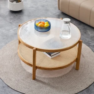 Glass Top Imitation Rattan Side Table – Modern Minimalist White Solid Wood Coffee Table