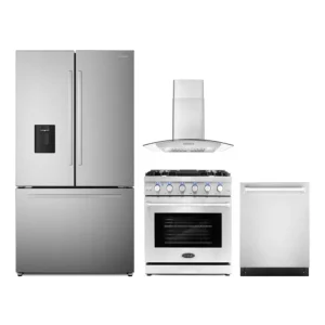 4 Piece Kitchen Package with 30″ Freestanding Gas Range 30″ Wall Mount Range Hood 24″ Built-in Fully Integrated Dishwasher & French Door Refrigerator