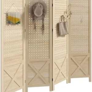 CHFBC 4 Panel Pegboard Display Room Divider 4.7′ Tall Wood Indoor Portable Folding Privacy Screen Partition Wall Divider for Home Office Natural