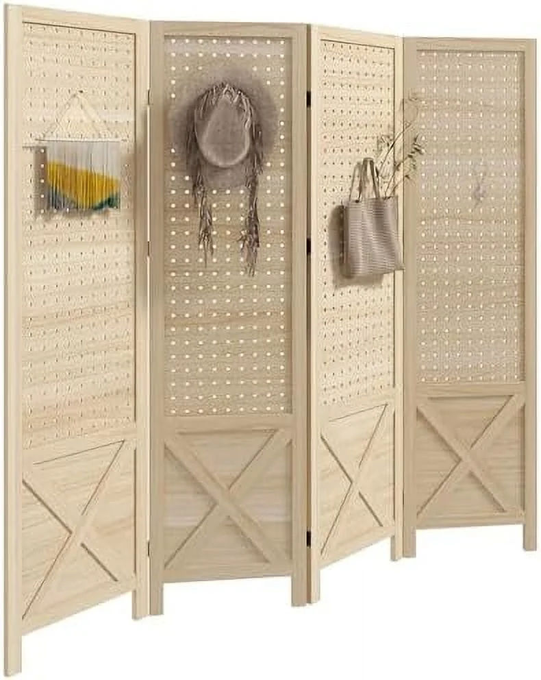 CHFBC 4 Panel Pegboard Display Room Divider 4.7′ Tall Wood Indoor Portable Folding Privacy Screen Partition Wall Divider for Home Office Natural