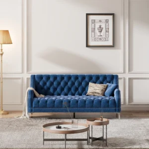 78″ Modern Sofa Dutch Plush Upholstered Sofa with Metal Legs, Button Tufted Back Blue