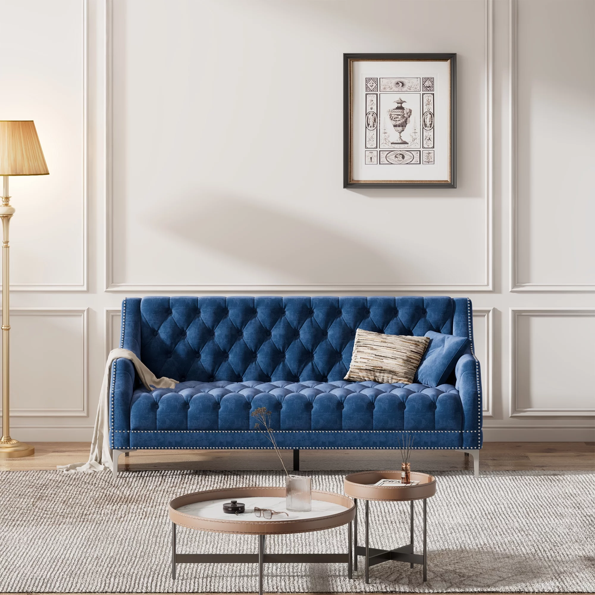 78″ Modern Sofa Dutch Plush Upholstered Sofa with Metal Legs, Button Tufted Back Blue