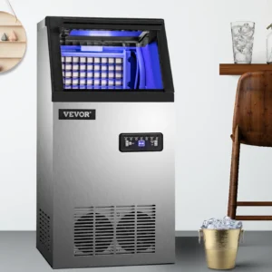 SKYSHALO 110V Commercial Ice Maker 120lbs/24h with 29lbs Storage 5×9 Cubes Stainless Steel Auto Clean for Bar Home Supermarkets Includes Scoop and Connection Hose