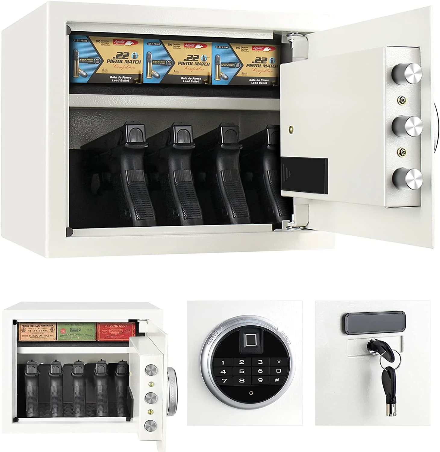 Security Biometric Fingerprint Safe, Steel Lock Box Safe for Home/Office/Hotel, Secure Handgun, Documents, Jewelry, Valuables – White