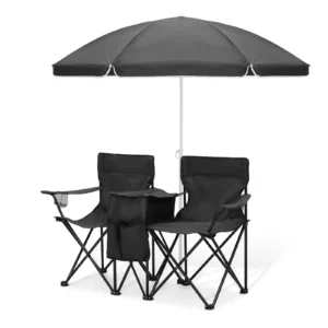 Magshion Portable Double Folding Camping Chair with Removable Umbrella, Cooler Bag & Carry Bag, Outdoor Loveseat for Beach, Camping & Picnic, Black