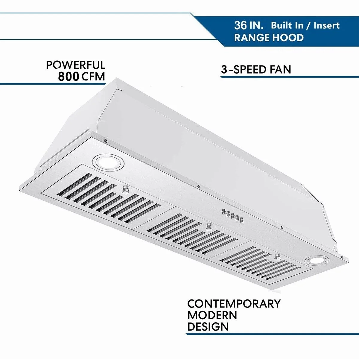 JOEAONZ 36-Inch Built-In Range Hood 600 CFM Stainless Steel Kitchen Exhaust Vent with 3-Speed & LED Light